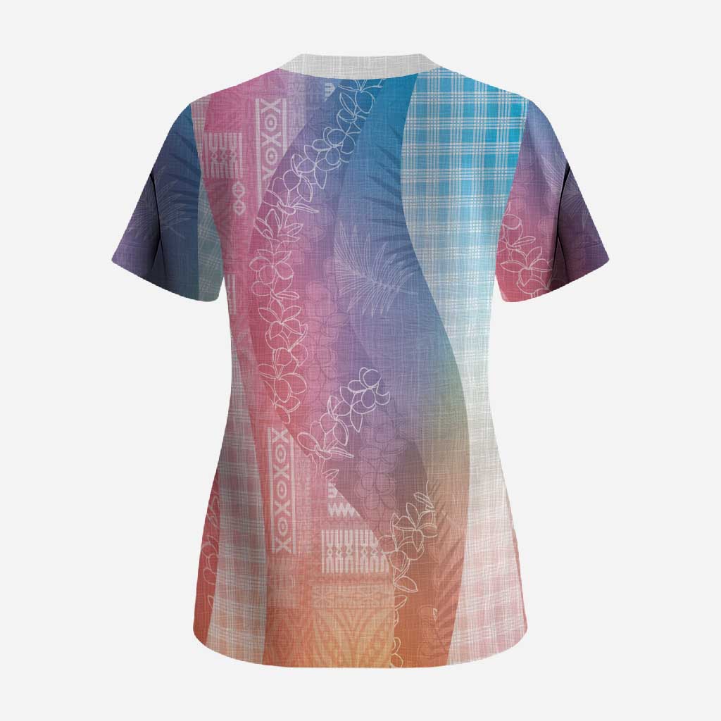 Polynesian Tribal Pattern Patchwork Picturesque Scrub Top Holographic LT7 - Polynesian Pride
