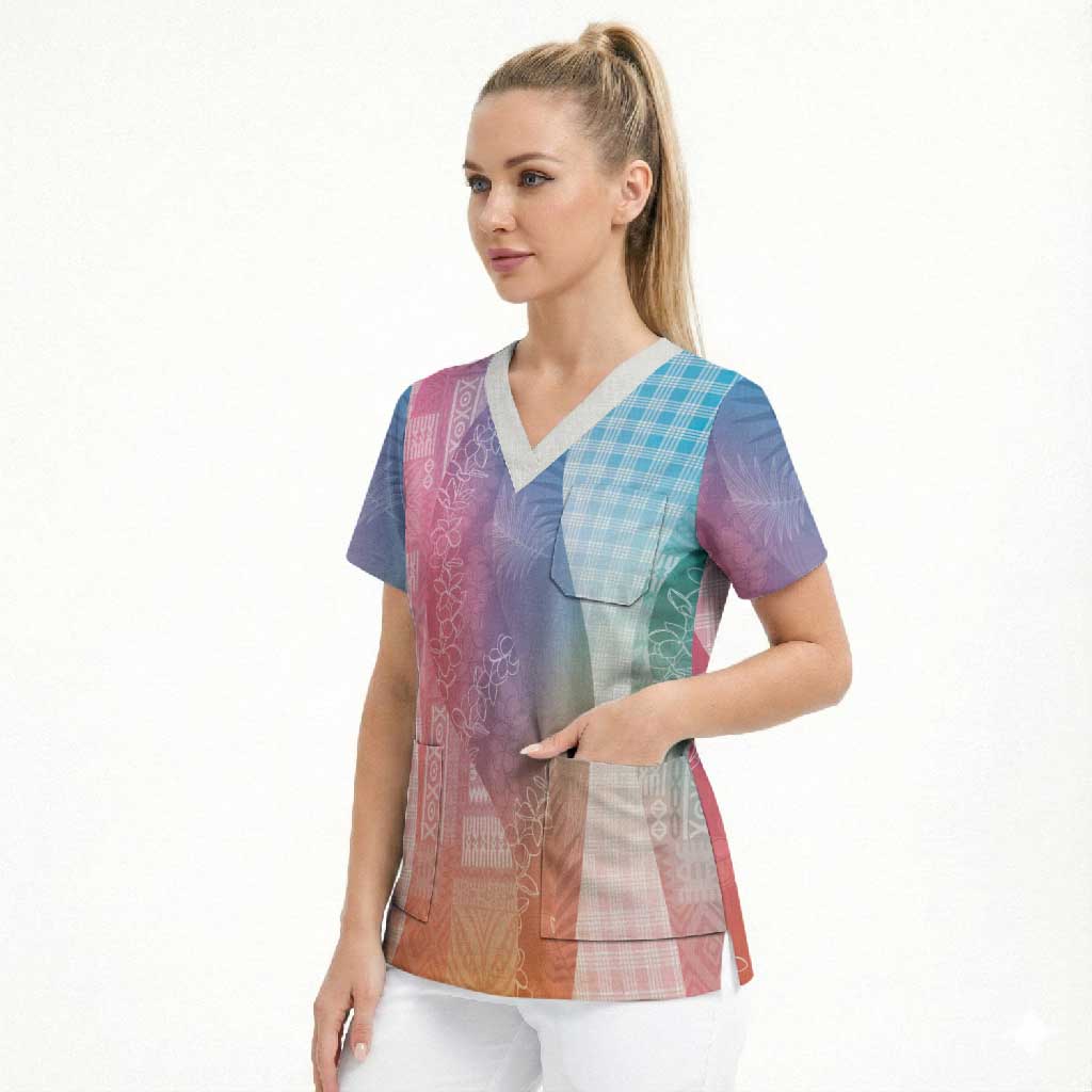 Polynesian Tribal Pattern Patchwork Picturesque Scrub Top Holographic LT7 - Polynesian Pride