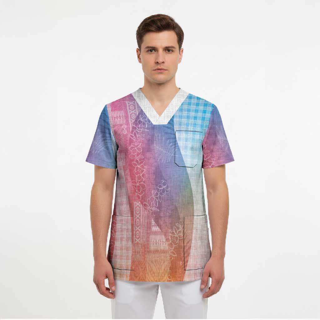 Polynesian Tribal Pattern Patchwork Picturesque Scrub Top Holographic LT7 - Polynesian Pride