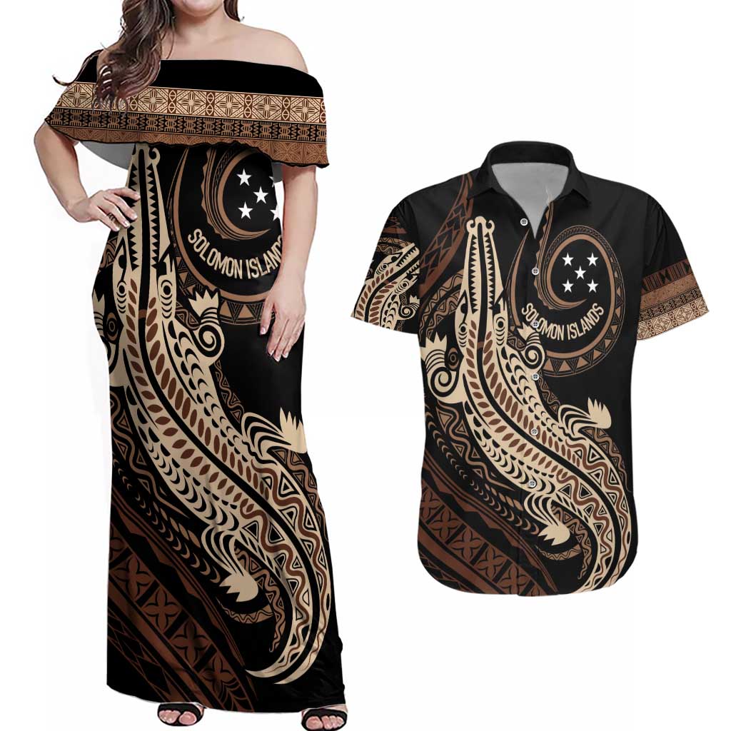 Personalized Solomon Islands Crocodile Couples Matching Off Shoulder Maxi Dress and Hawaiian Shirt Hapi Isles - Independence Anniversary LT7 Brown - Polynesian Pride