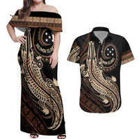 Personalized Solomon Islands Crocodile Couples Matching Off Shoulder Maxi Dress and Hawaiian Shirt Hapi Isles - Independence Anniversary LT7 Brown - Polynesian Pride