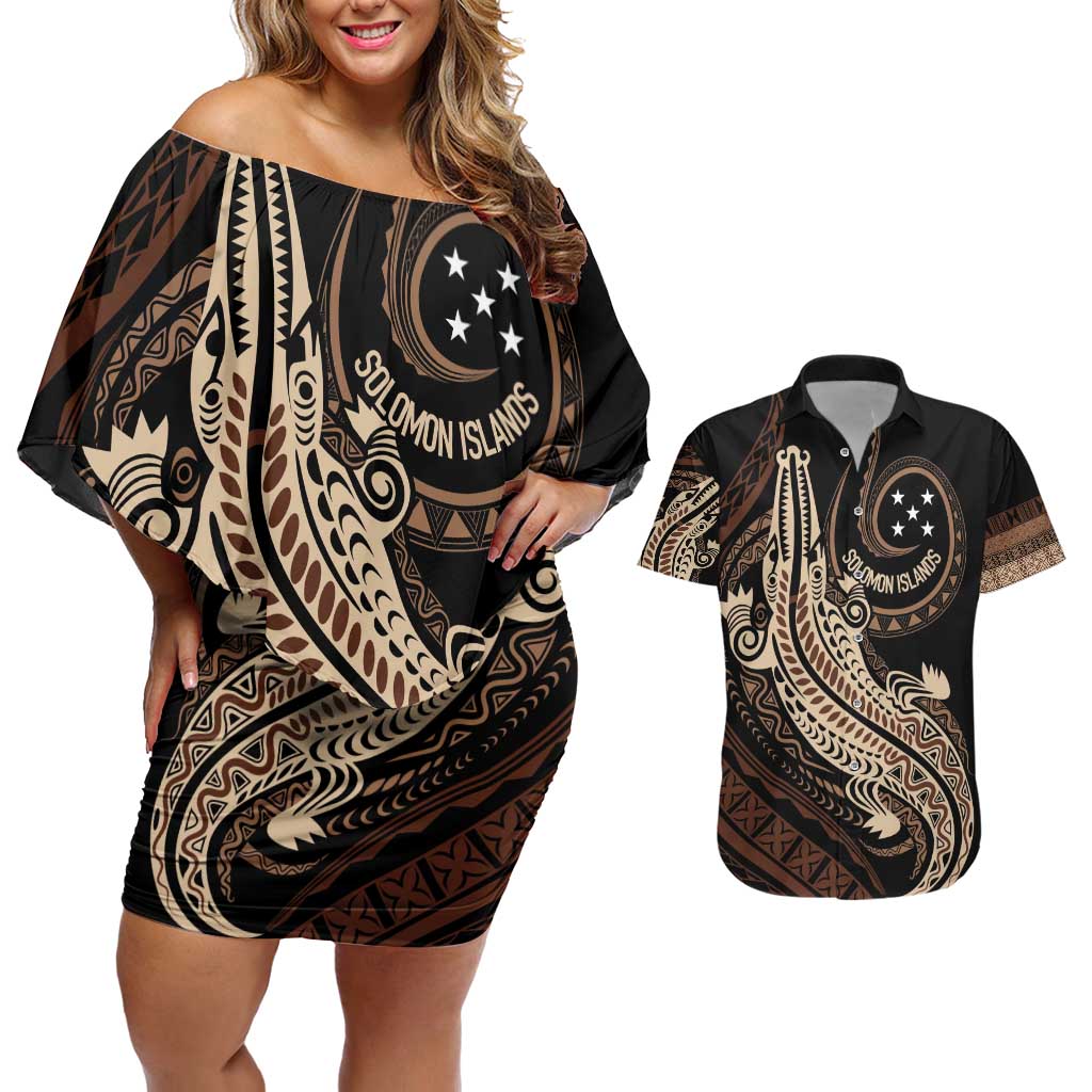 Personalized Solomon Islands Crocodile Couples Matching Off Shoulder Short Dress and Hawaiian Shirt Hapi Isles - Independence Anniversary LT7 Brown - Polynesian Pride