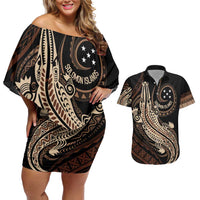 Personalized Solomon Islands Crocodile Couples Matching Off Shoulder Short Dress and Hawaiian Shirt Hapi Isles - Independence Anniversary LT7 Brown - Polynesian Pride