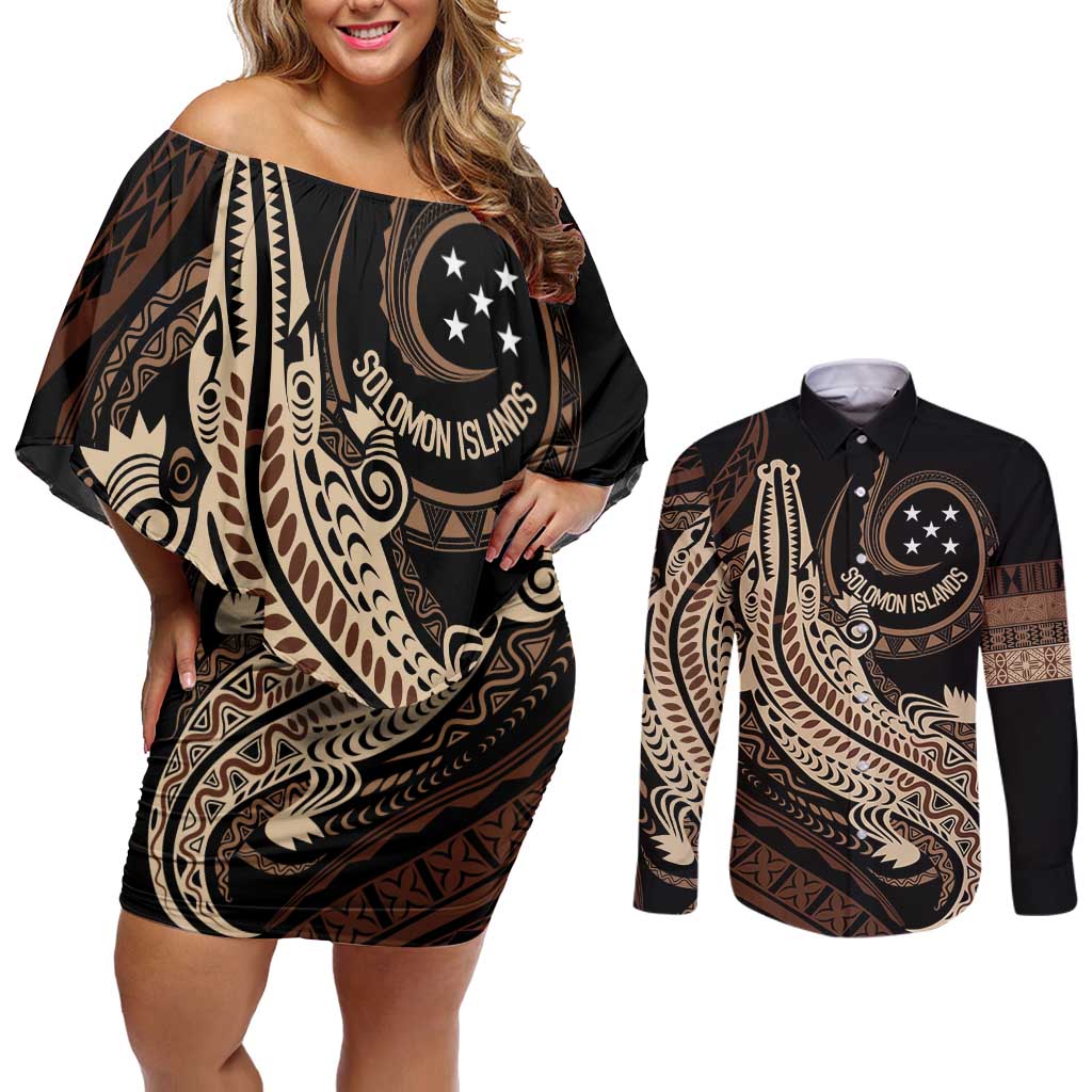 Personalized Solomon Islands Crocodile Couples Matching Off Shoulder Short Dress and Long Sleeve Button Shirt Hapi Isles - Independence Anniversary