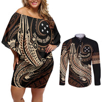 Personalized Solomon Islands Crocodile Couples Matching Off Shoulder Short Dress and Long Sleeve Button Shirt Hapi Isles - Independence Anniversary