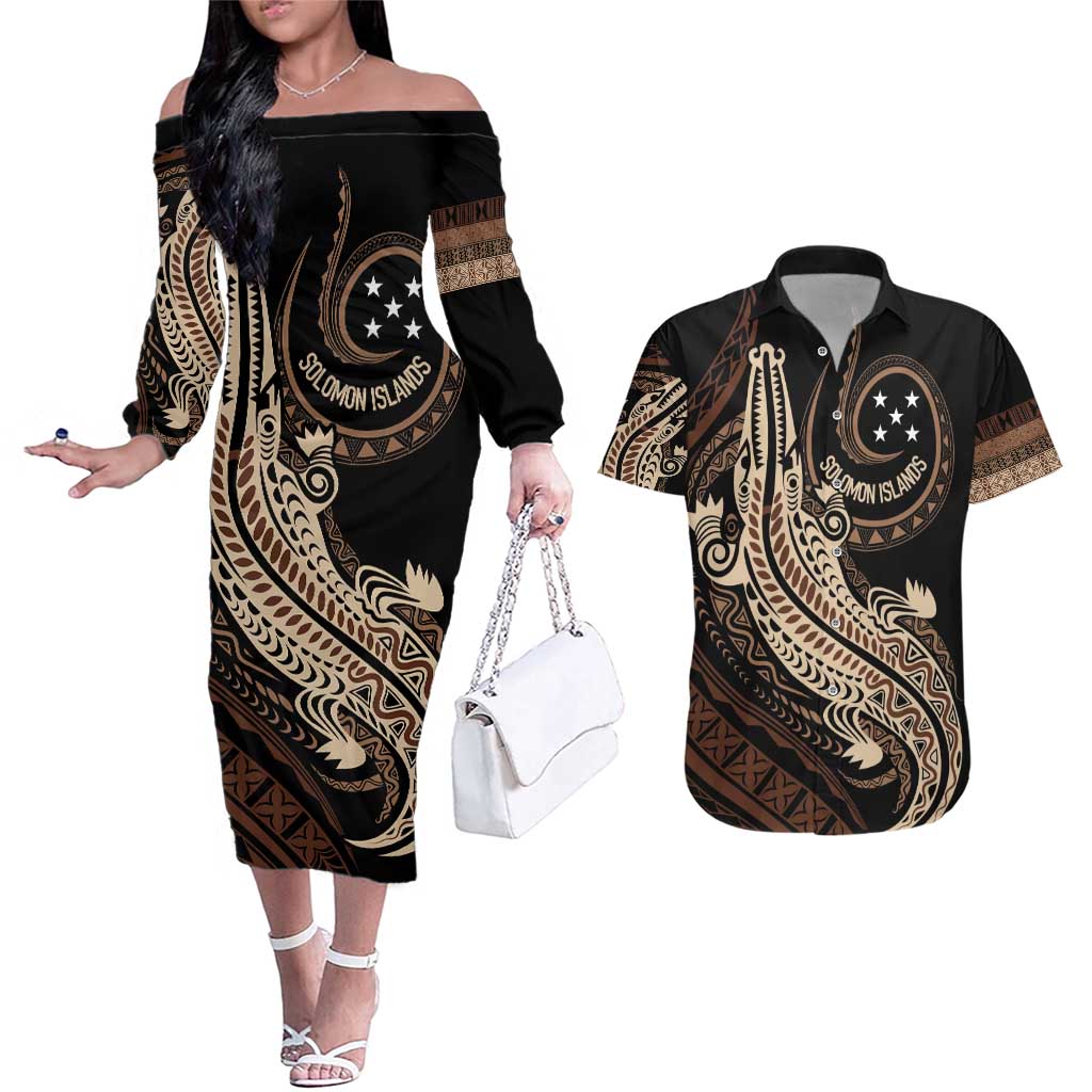 Personalized Solomon Islands Crocodile Couples Matching Off The Shoulder Long Sleeve Dress and Hawaiian Shirt Hapi Isles - Independence Anniversary