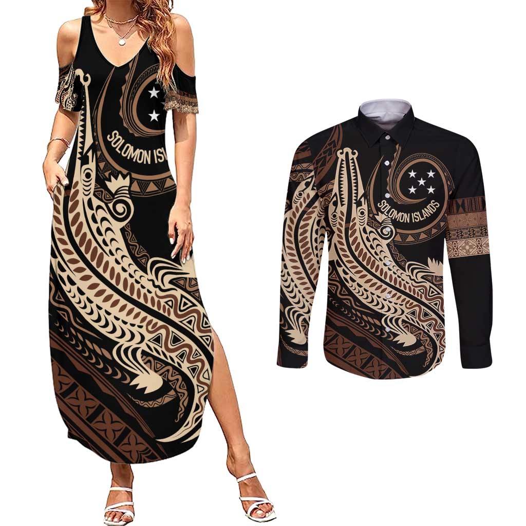 Personalized Solomon Islands Crocodile Couples Matching Summer Maxi Dress and Long Sleeve Button Shirt Hapi Isles - Independence Anniversary