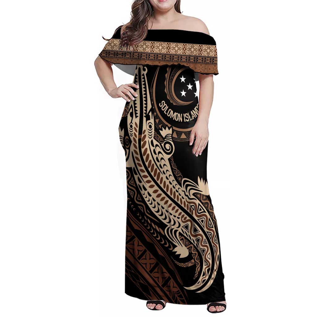 Personalized Solomon Islands Crocodile Family Matching Off Shoulder Maxi Dress and Hawaiian Shirt Hapi Isles - Independence Anniversary LT7 Mom's Dress Brown - Polynesian Pride