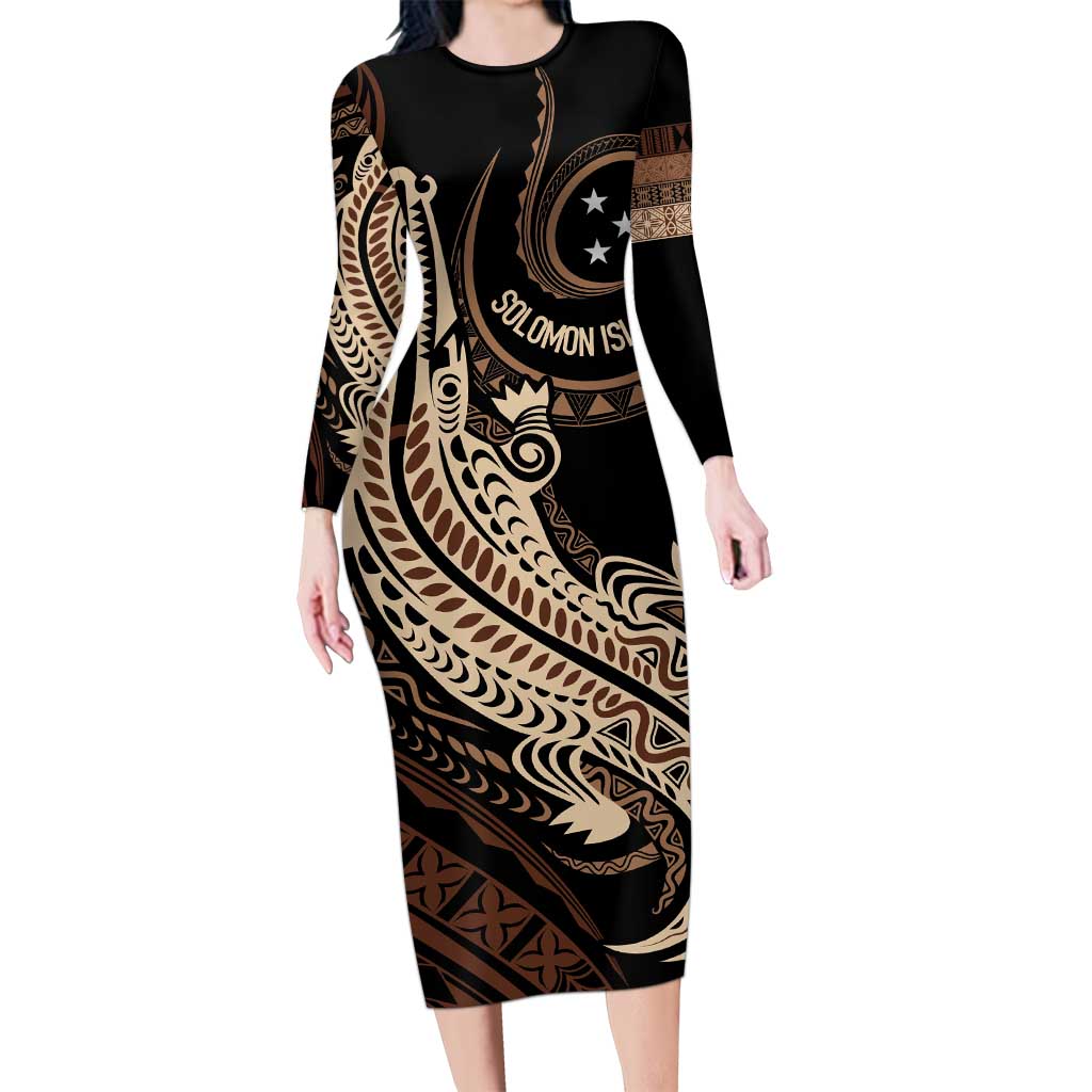 Personalized Solomon Islands Crocodile Long Sleeve Bodycon Dress Hapi Isles - Independence Anniversary