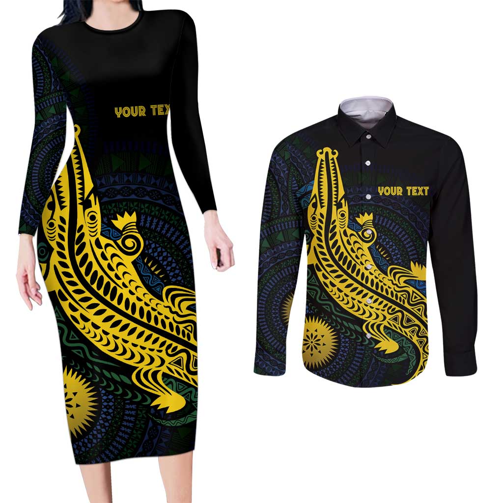 Personalized Solomon Islands Independence Anniversary Couples Matching Long Sleeve Bodycon Dress and Long Sleeve Button Shirt Crocodile Mix Tapa