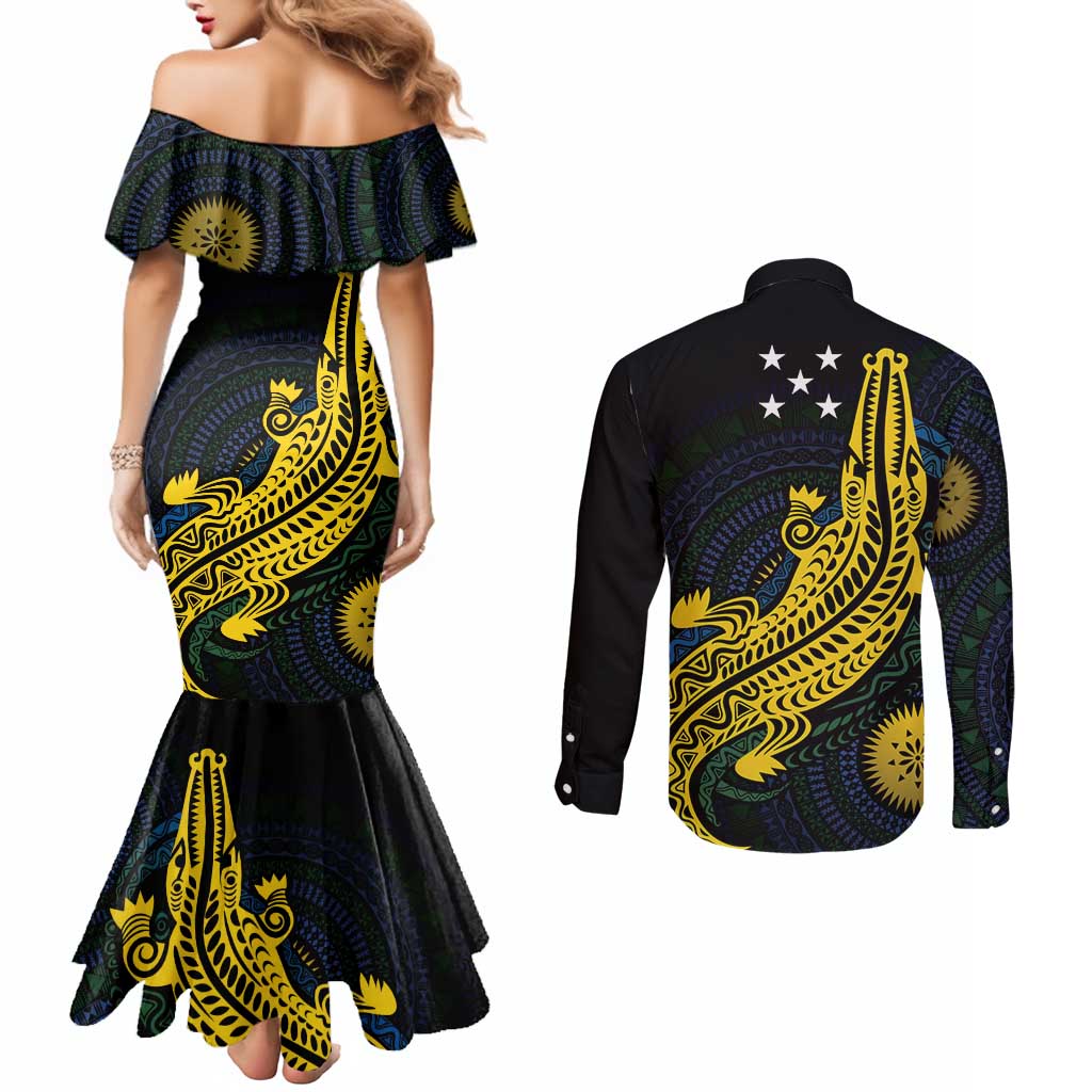 Personalized Solomon Islands Independence Anniversary Couples Matching Mermaid Dress and Long Sleeve Button Shirt Crocodile Mix Tapa