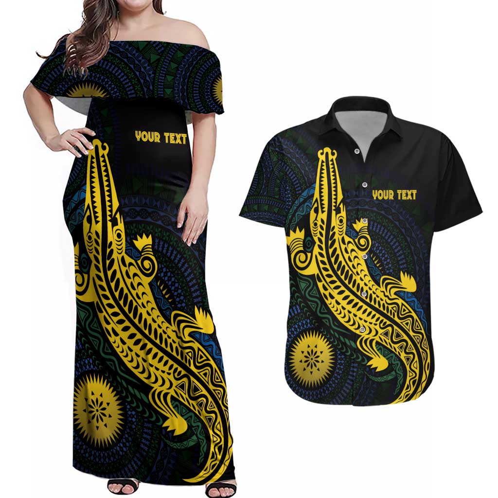 Personalized Solomon Islands Independence Anniversary Couples Matching Off Shoulder Maxi Dress and Hawaiian Shirt Crocodile Mix Tapa