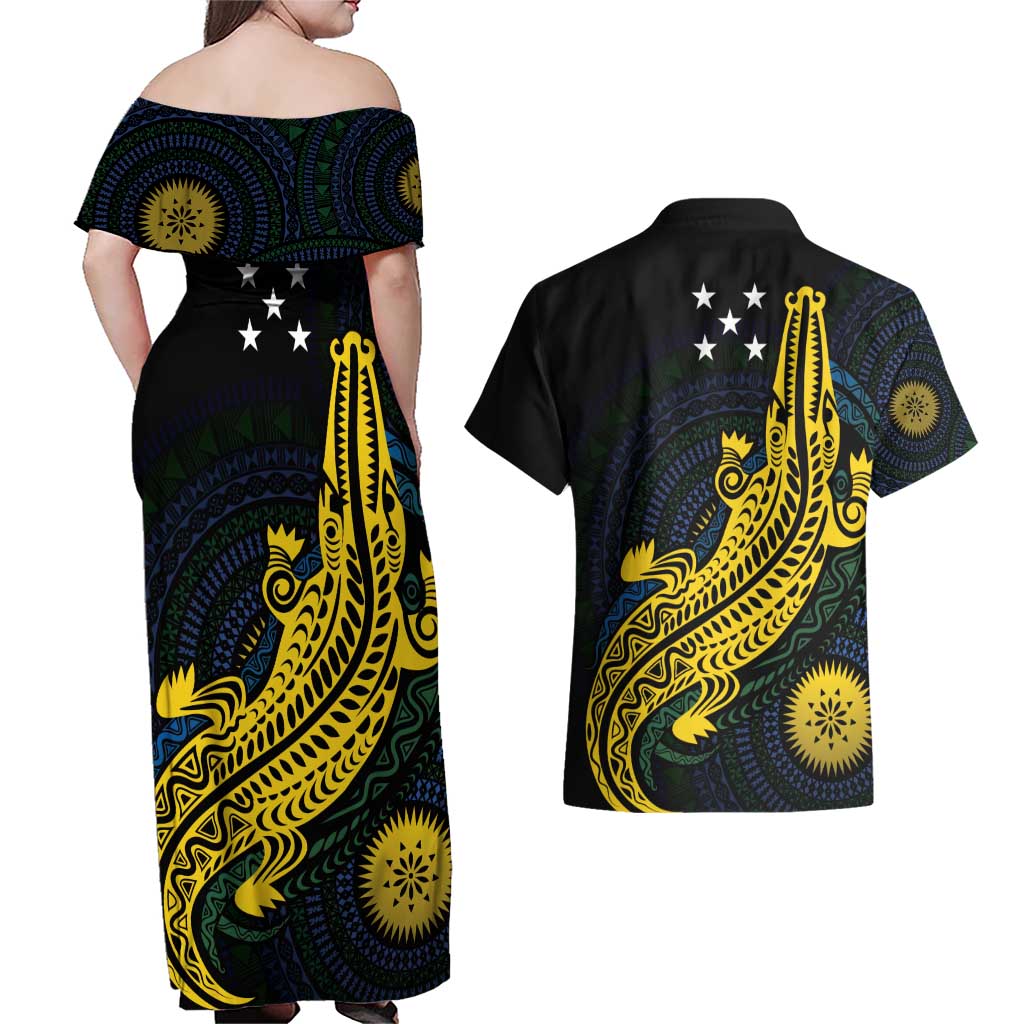 Personalized Solomon Islands Independence Anniversary Couples Matching Off Shoulder Maxi Dress and Hawaiian Shirt Crocodile Mix Tapa LT7 - Polynesian Pride