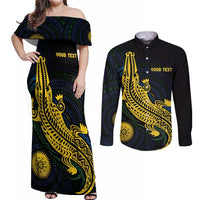 Personalized Solomon Islands Independence Anniversary Couples Matching Off Shoulder Maxi Dress and Long Sleeve Button Shirt Crocodile Mix Tapa
