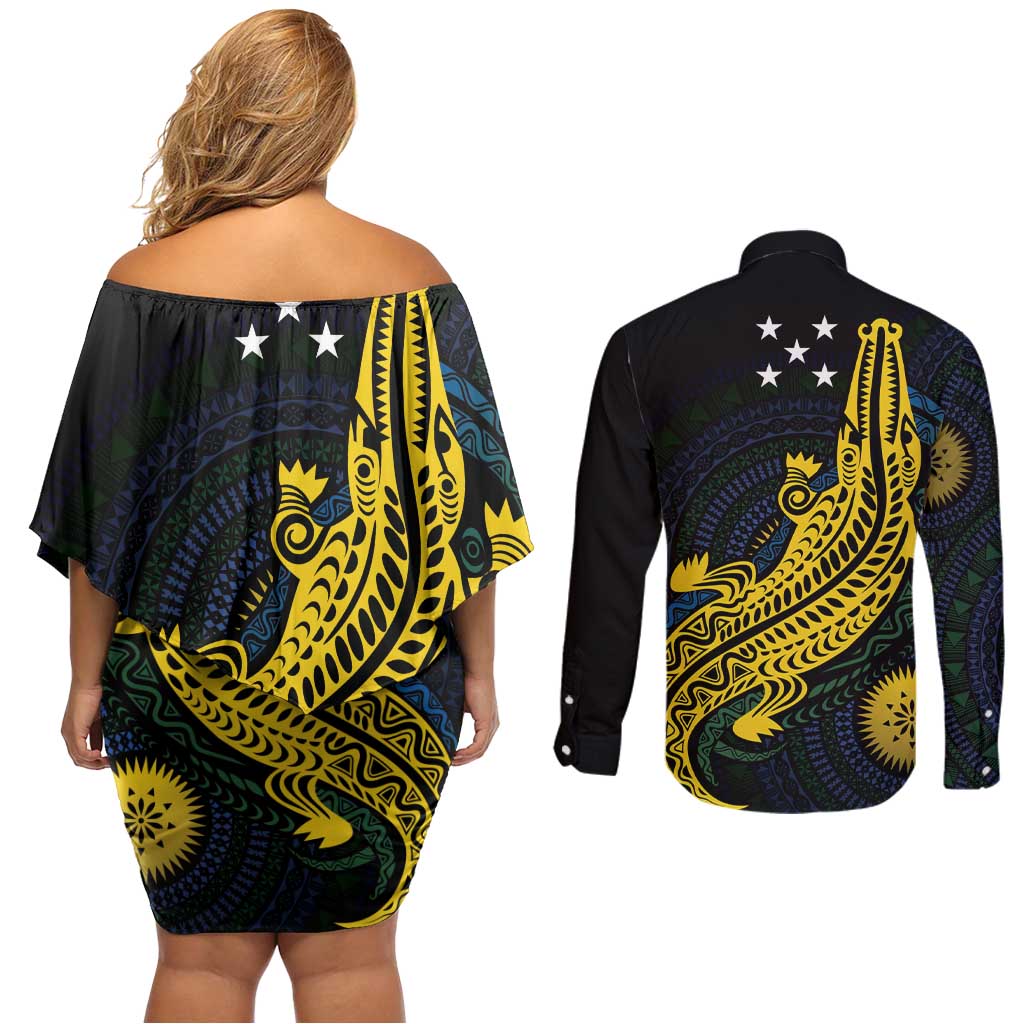 Personalized Solomon Islands Independence Anniversary Couples Matching Off Shoulder Short Dress and Long Sleeve Button Shirt Crocodile Mix Tapa