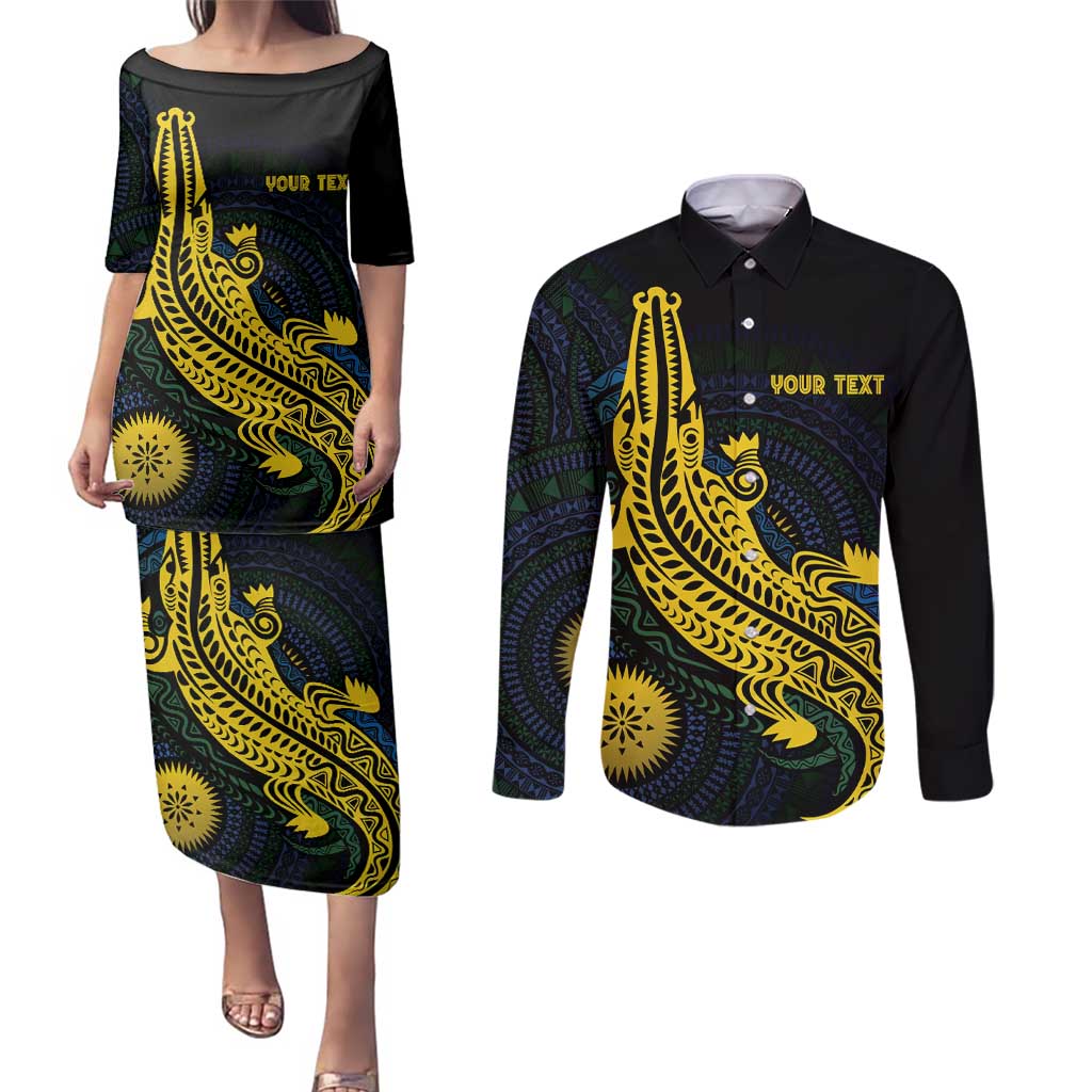 Personalized Solomon Islands Independence Anniversary Couples Matching Puletasi and Long Sleeve Button Shirt Crocodile Mix Tapa