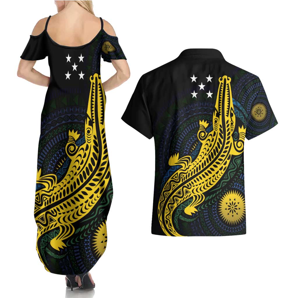 Personalized Solomon Islands Independence Anniversary Couples Matching Summer Maxi Dress and Hawaiian Shirt Crocodile Mix Tapa LT7 - Polynesian Pride