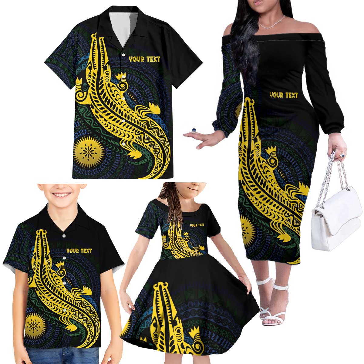 Personalized Solomon Islands Independence Anniversary Family Matching Off The Shoulder Long Sleeve Dress and Hawaiian Shirt Crocodile Mix Tapa