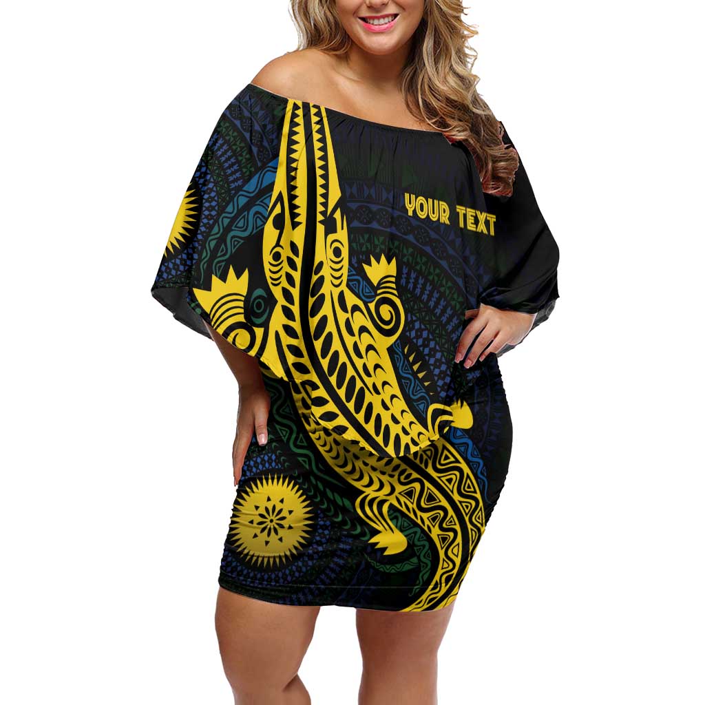 Personalized Solomon Islands Independence Anniversary Family Matching Off Shoulder Short Dress and Hawaiian Shirt Crocodile Mix Tapa