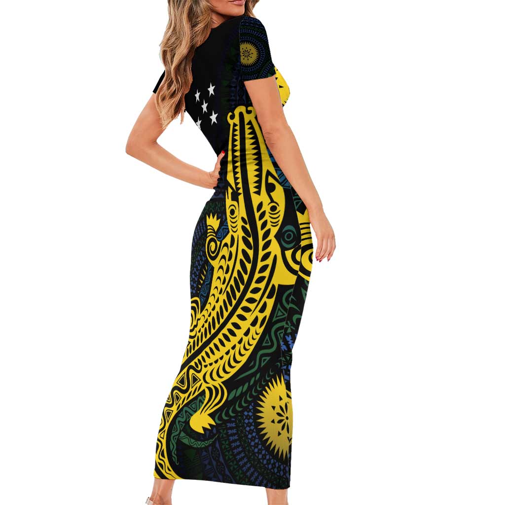 Personalized Solomon Islands Independence Anniversary Family Matching Short Sleeve Bodycon Dress and Hawaiian Shirt Crocodile Mix Tapa