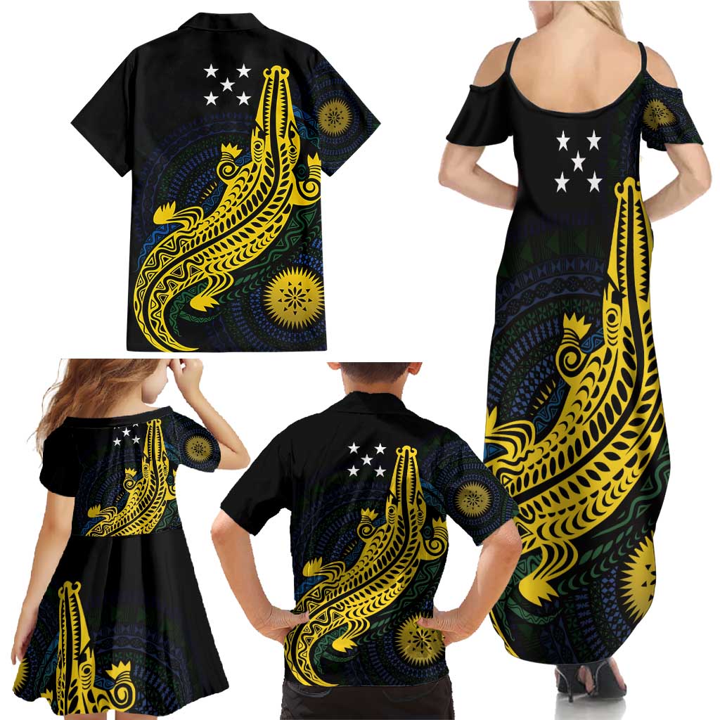 Personalized Solomon Islands Independence Anniversary Family Matching Summer Maxi Dress and Hawaiian Shirt Crocodile Mix Tapa