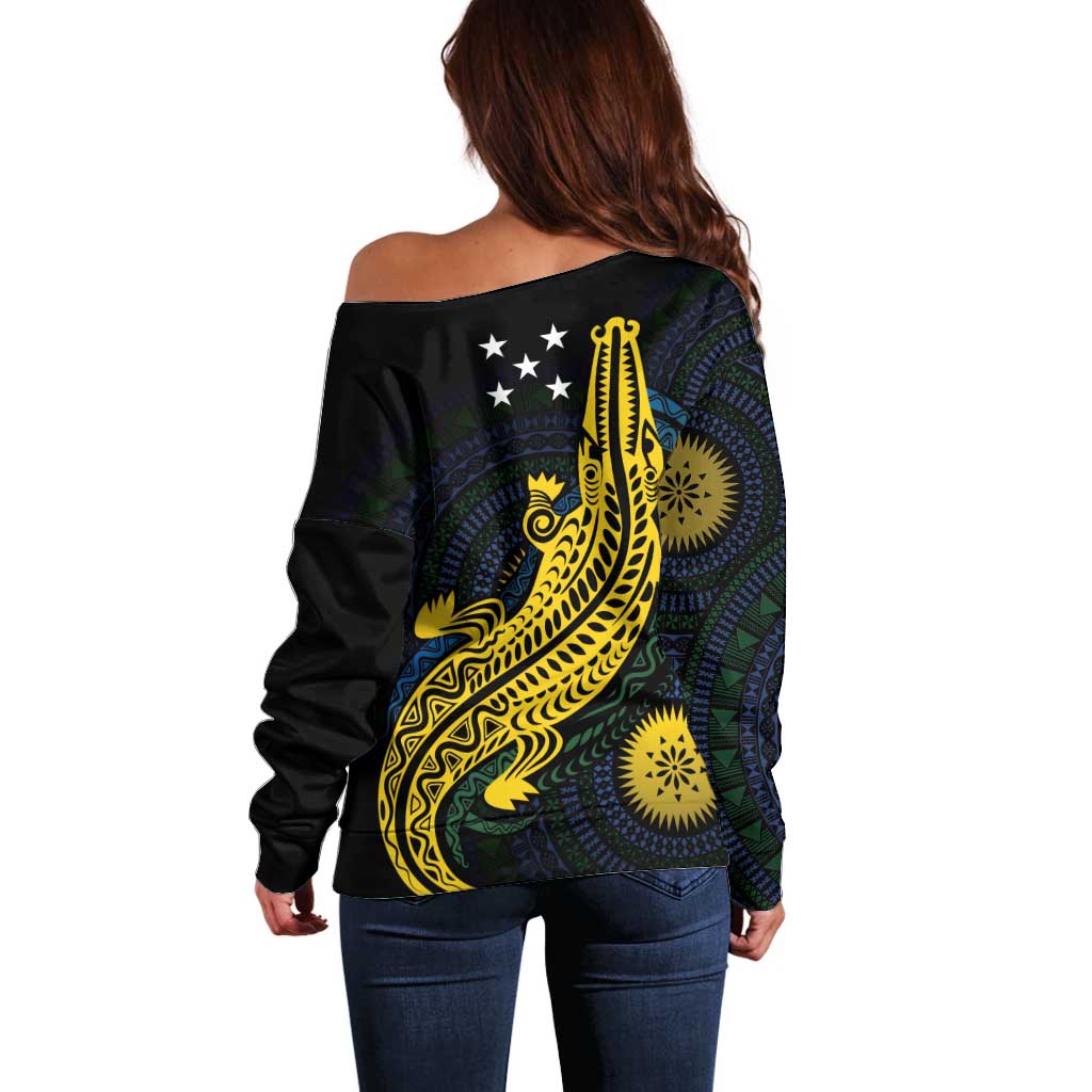 Personalized Solomon Islands Independence Anniversary Off Shoulder Sweater Crocodile Mix Tapa