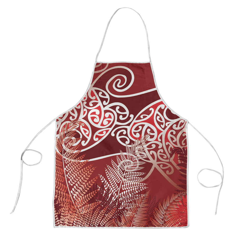 Aotearoa Maori Koru Curves Apron Silver Ferns - Crimson Red