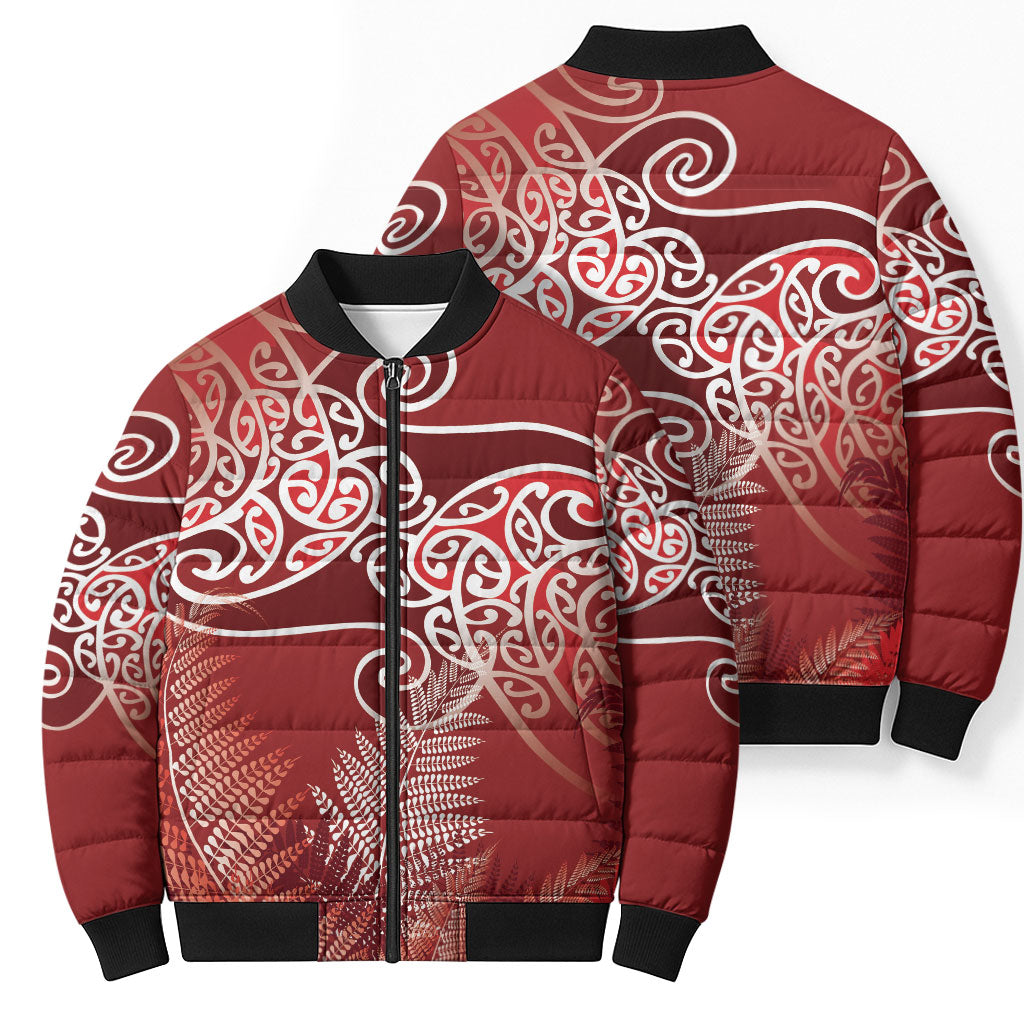 Aotearoa Maori Koru Curves Bomber Puffer Jacket Silver Ferns - Crimson Red