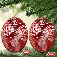 Aotearoa Maori Koru Curves Ceramic Ornament Silver Ferns - Crimson Red LT7 Oval Red - Polynesian Pride