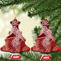 Aotearoa Maori Koru Curves Ceramic Ornament Silver Ferns - Crimson Red LT7 Christmas Tree Red - Polynesian Pride