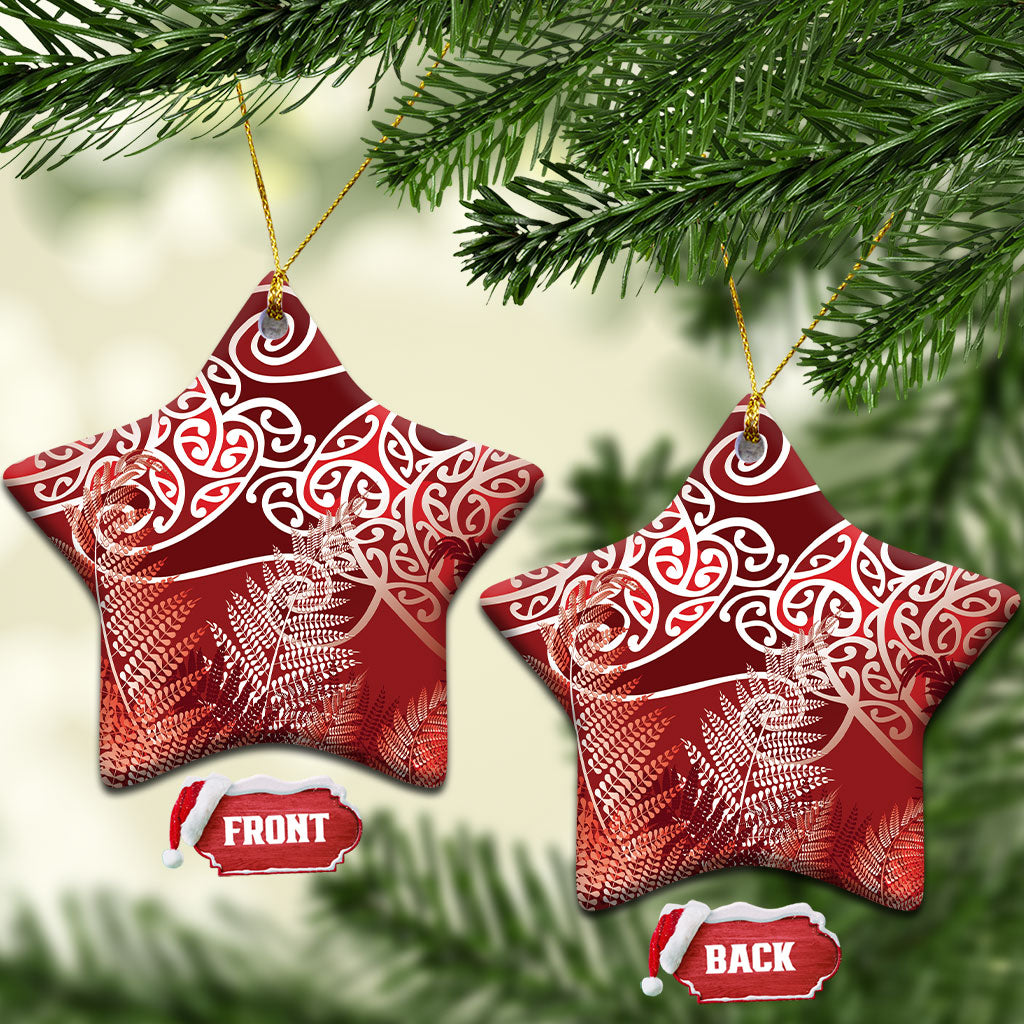 Aotearoa Maori Koru Curves Ceramic Ornament Silver Ferns - Crimson Red LT7 Star Red - Polynesian Pride