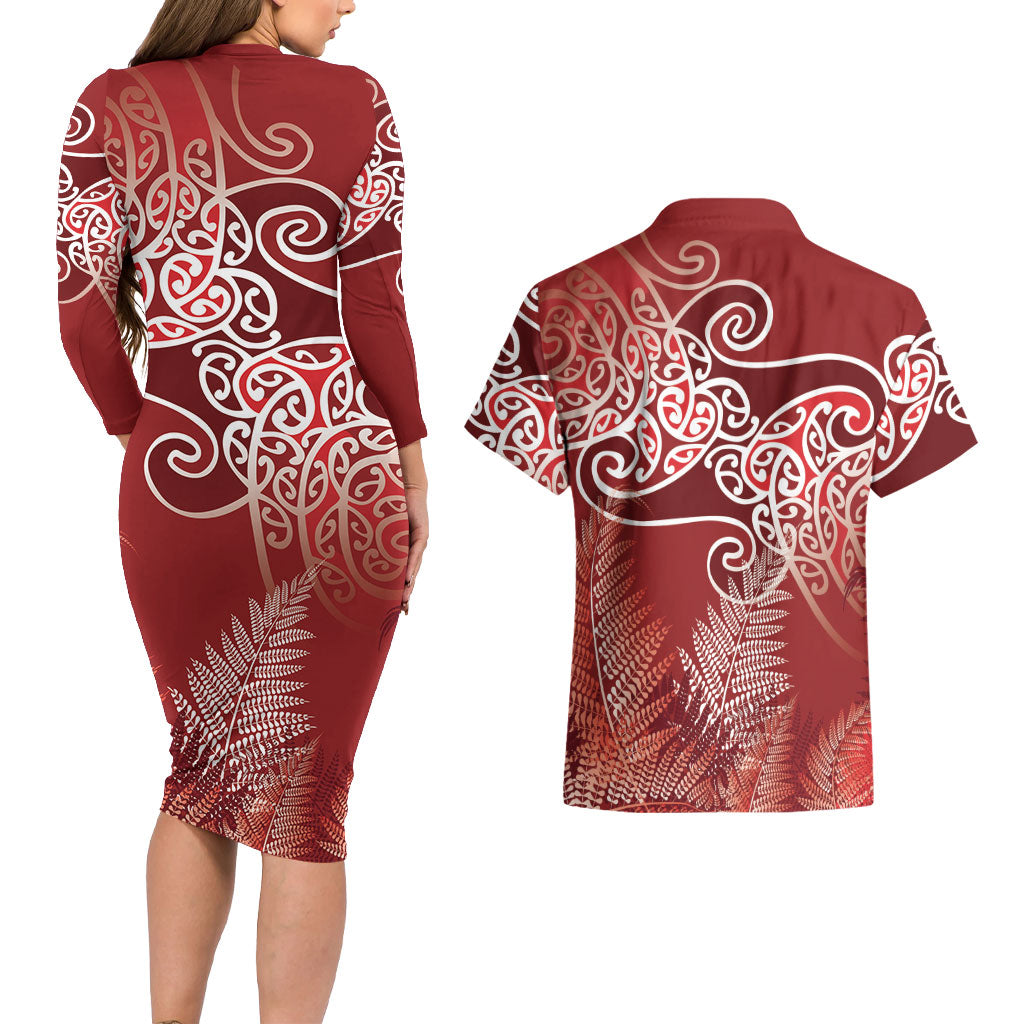 Aotearoa Maori Koru Curves Couples Matching Long Sleeve Bodycon Dress and Hawaiian Shirt Silver Ferns - Crimson Red LT7 - Polynesian Pride