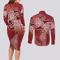 Aotearoa Maori Koru Curves Couples Matching Long Sleeve Bodycon Dress and Long Sleeve Button Shirt Silver Ferns - Crimson Red LT7 - Polynesian Pride