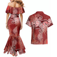 Aotearoa Maori Koru Curves Couples Matching Mermaid Dress and Hawaiian Shirt Silver Ferns - Crimson Red LT7 - Polynesian Pride