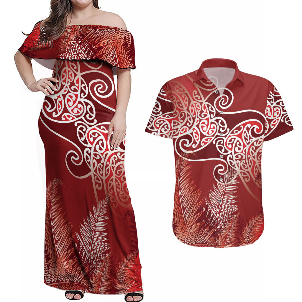 Aotearoa Maori Koru Curves Couples Matching Off Shoulder Maxi Dress and Hawaiian Shirt Silver Ferns - Crimson Red LT7 Red - Polynesian Pride
