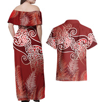 Aotearoa Maori Koru Curves Couples Matching Off Shoulder Maxi Dress and Hawaiian Shirt Silver Ferns - Crimson Red LT7 - Polynesian Pride
