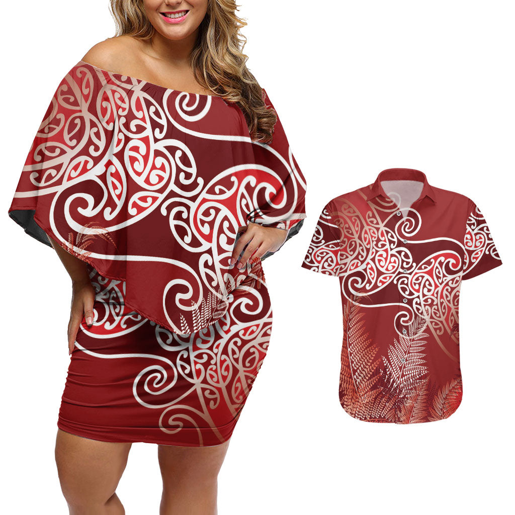 Aotearoa Maori Koru Curves Couples Matching Off Shoulder Short Dress and Hawaiian Shirt Silver Ferns - Crimson Red LT7 Red - Polynesian Pride
