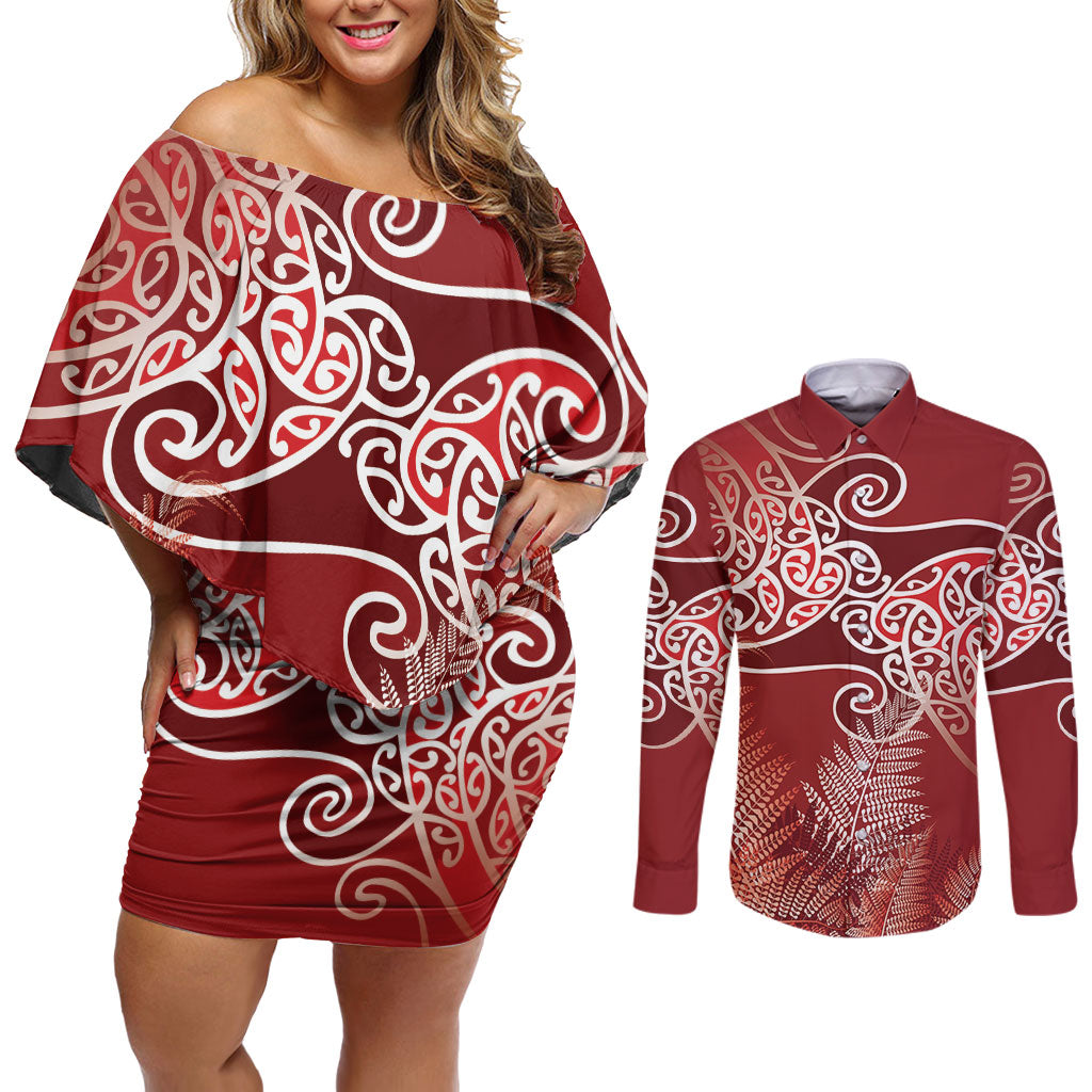 Aotearoa Maori Koru Curves Couples Matching Off Shoulder Short Dress and Long Sleeve Button Shirt Silver Ferns - Crimson Red LT7 Red - Polynesian Pride
