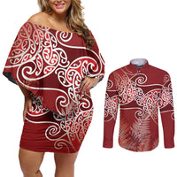 Aotearoa Maori Koru Curves Couples Matching Off Shoulder Short Dress and Long Sleeve Button Shirt Silver Ferns - Crimson Red LT7 Red - Polynesian Pride
