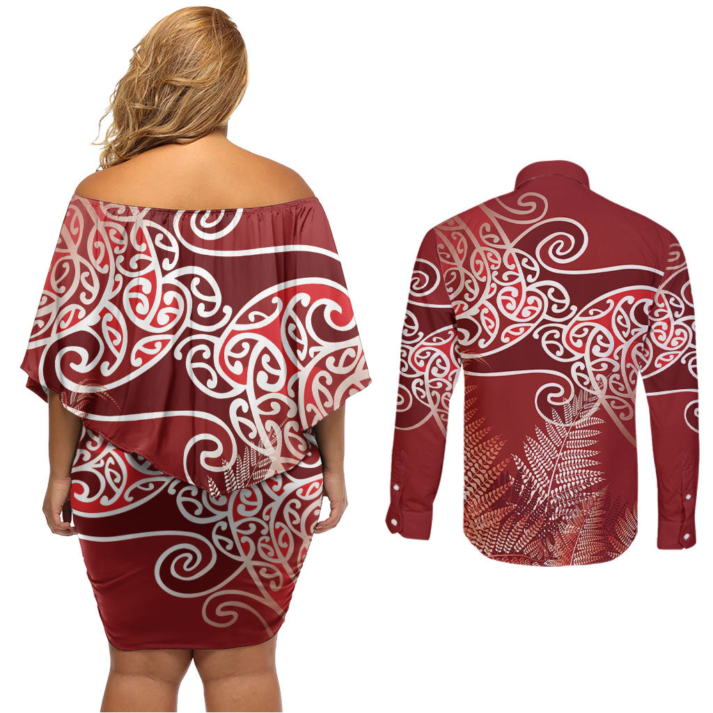 Aotearoa Maori Koru Curves Couples Matching Off Shoulder Short Dress and Long Sleeve Button Shirt Silver Ferns - Crimson Red LT7 - Polynesian Pride