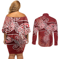 Aotearoa Maori Koru Curves Couples Matching Off Shoulder Short Dress and Long Sleeve Button Shirt Silver Ferns - Crimson Red LT7 - Polynesian Pride