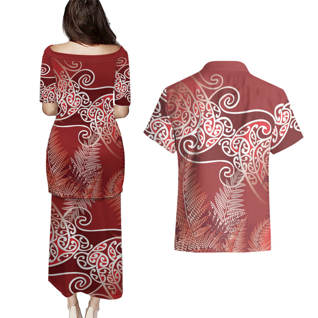 Aotearoa Maori Koru Curves Couples Matching Puletasi and Hawaiian Shirt Silver Ferns - Crimson Red LT7 - Polynesian Pride