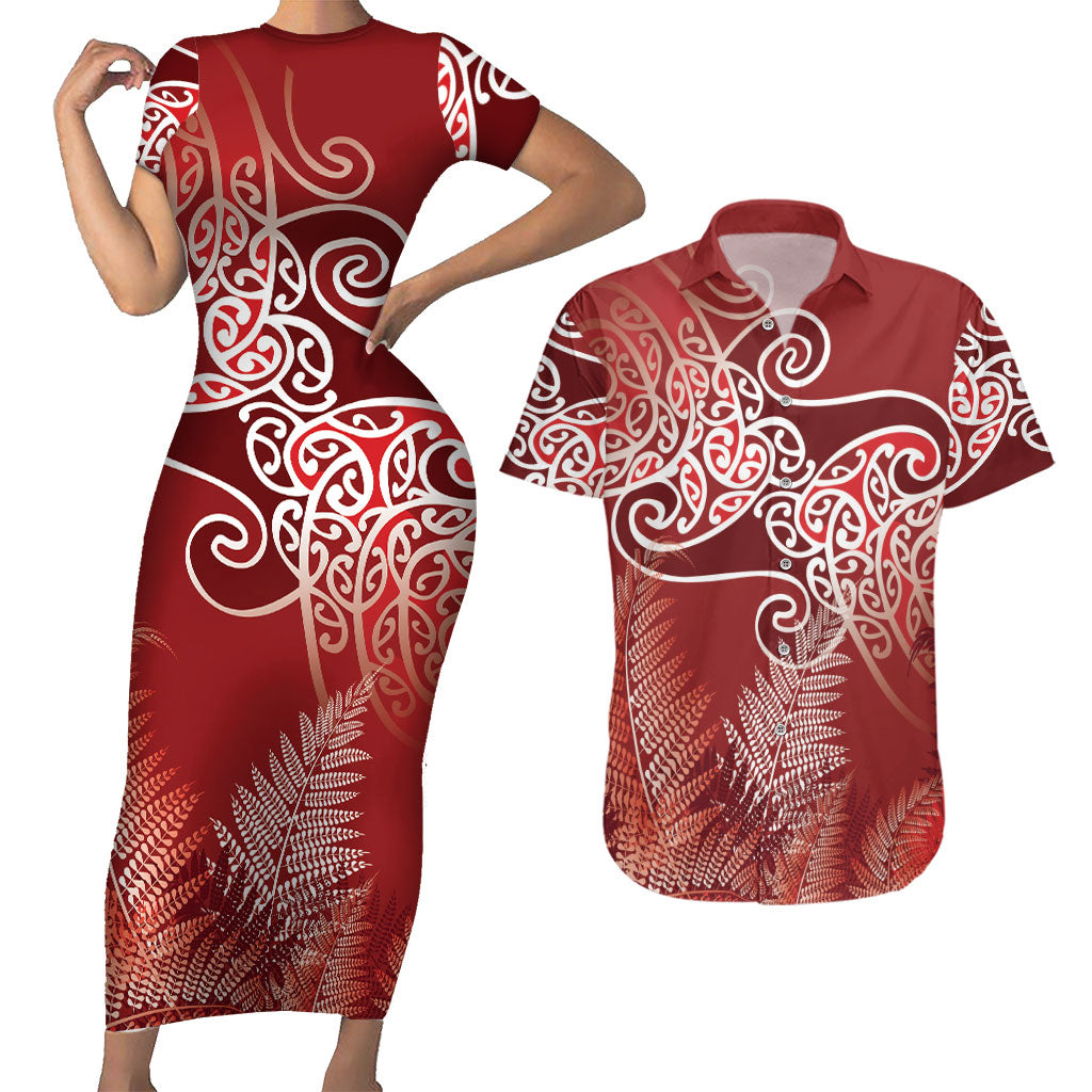 Aotearoa Maori Koru Curves Couples Matching Short Sleeve Bodycon Dress and Hawaiian Shirt Silver Ferns - Crimson Red LT7 Red - Polynesian Pride