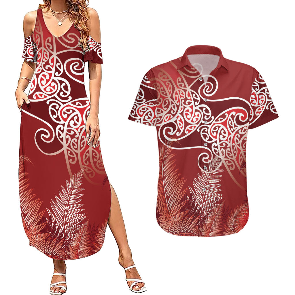 Aotearoa Maori Koru Curves Couples Matching Summer Maxi Dress and Hawaiian Shirt Silver Ferns - Crimson Red LT7 Red - Polynesian Pride