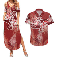 Aotearoa Maori Koru Curves Couples Matching Summer Maxi Dress and Hawaiian Shirt Silver Ferns - Crimson Red LT7 Red - Polynesian Pride