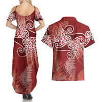 Aotearoa Maori Koru Curves Couples Matching Summer Maxi Dress and Hawaiian Shirt Silver Ferns - Crimson Red LT7 - Polynesian Pride