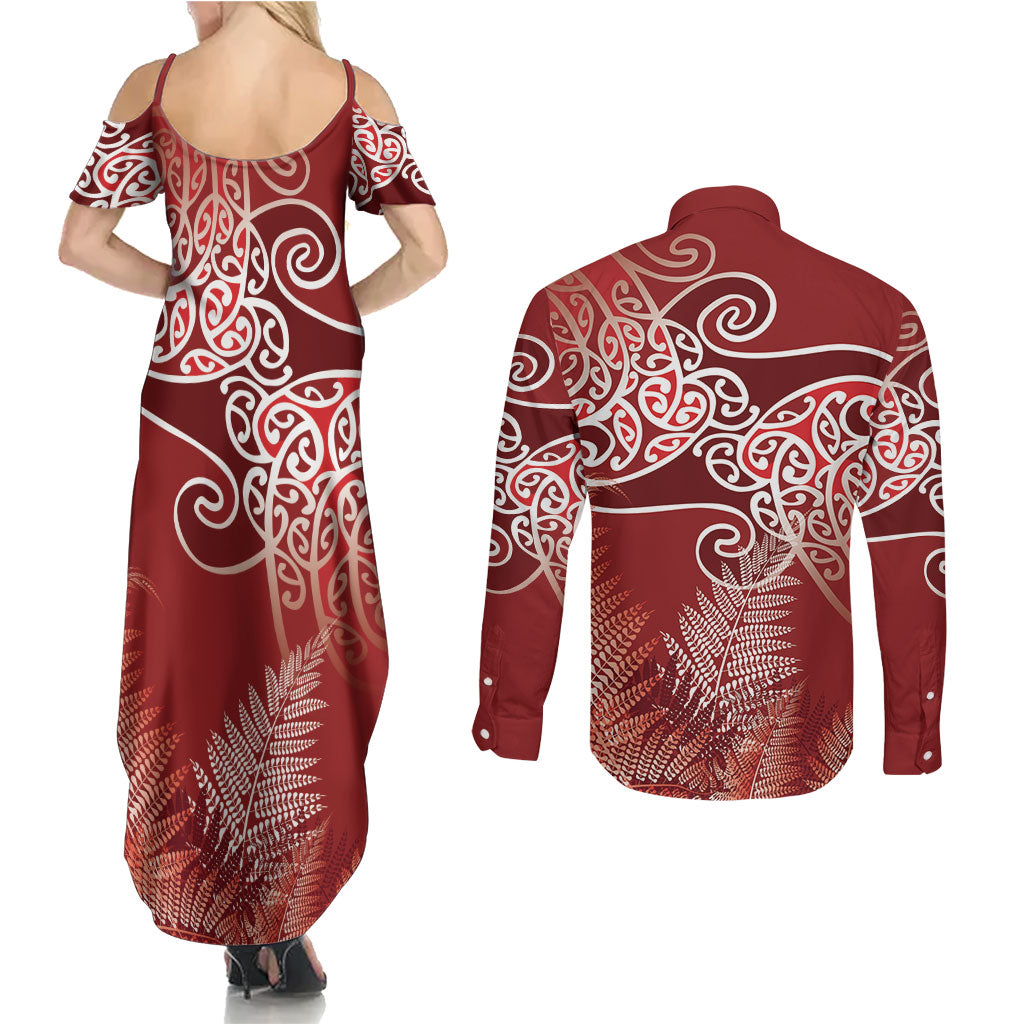 Aotearoa Maori Koru Curves Couples Matching Summer Maxi Dress and Long Sleeve Button Shirt Silver Ferns - Crimson Red LT7 - Polynesian Pride