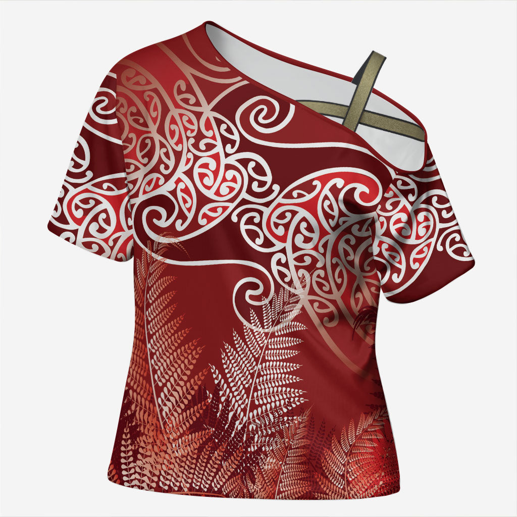 Aotearoa Maori Koru Curves Cross Shoulder Shirt Silver Ferns - Crimson Red