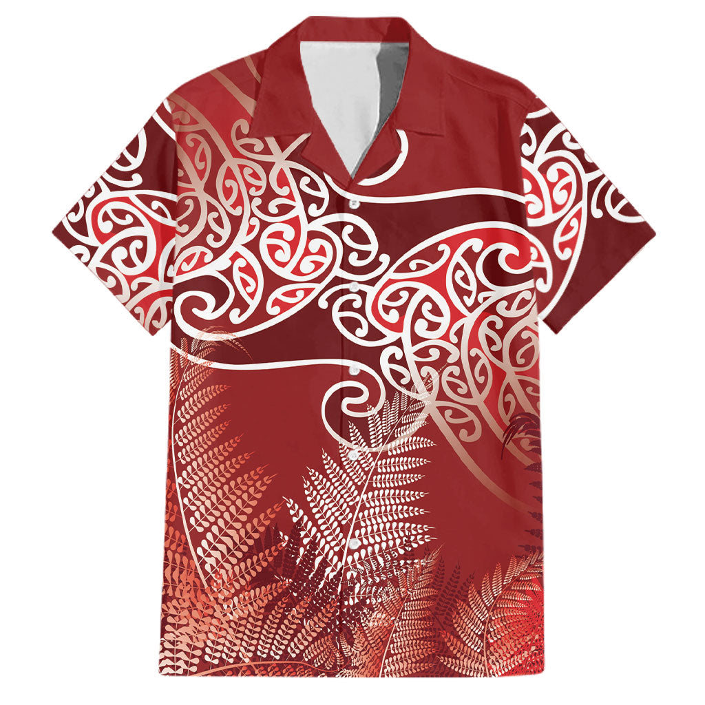 Aotearoa Maori Koru Curves Family Matching Long Sleeve Bodycon Dress and Hawaiian Shirt Silver Ferns - Crimson Red LT7 Dad's Shirt - Short Sleeve Red - Polynesian Pride