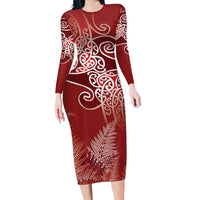 Aotearoa Maori Koru Curves Family Matching Long Sleeve Bodycon Dress and Hawaiian Shirt Silver Ferns - Crimson Red LT7 Mom's Dress Red - Polynesian Pride
